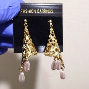 Women's Gold-tone Filigree Cone Shape Design Beaded Drop Dangle Earrings, #2